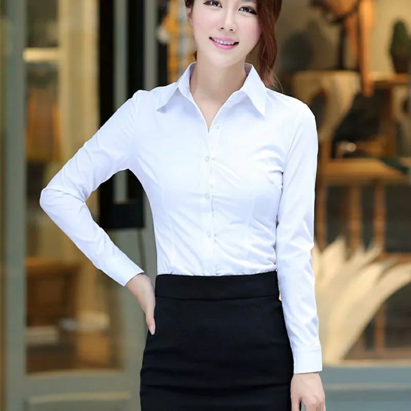 kemeja putih lengan panjang stretch wanita polos tanpa kantong