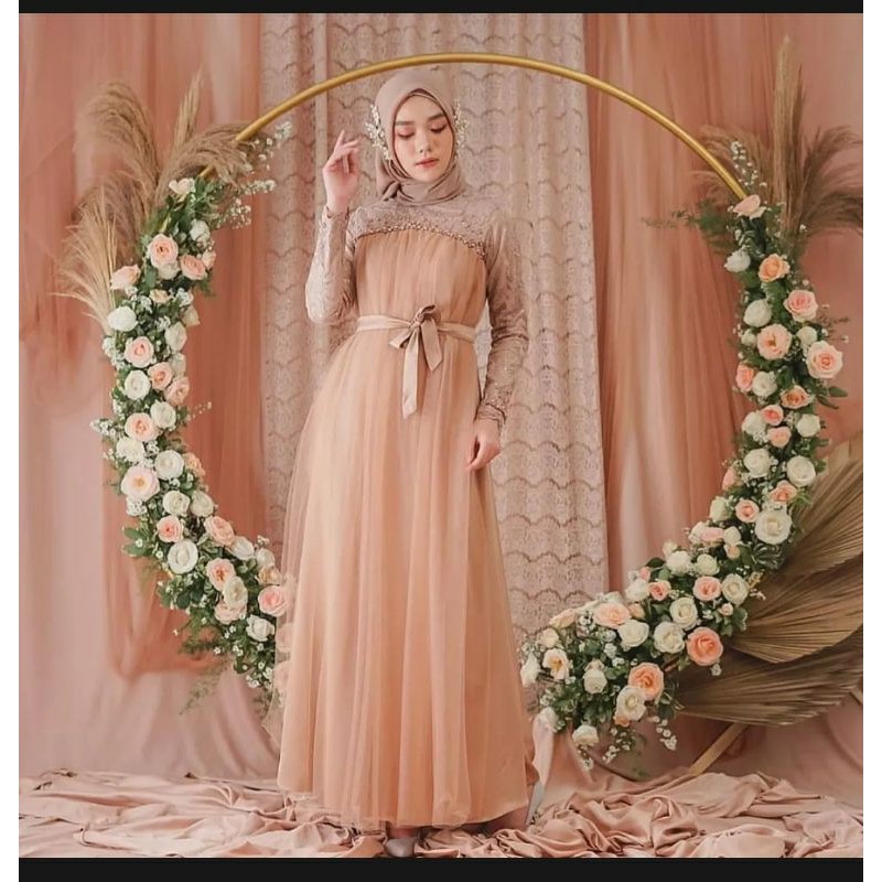 Fidella Long Dress Brukat Gamis Wanita Terbaru 2021 / Gamis Pesta Mewah / Gamis Kondangan Brukat