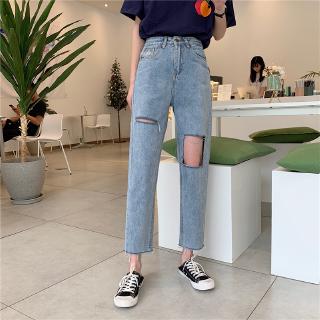  Celana  Panjang Model High Waist Lurus Desain  Sobek  Bolong 