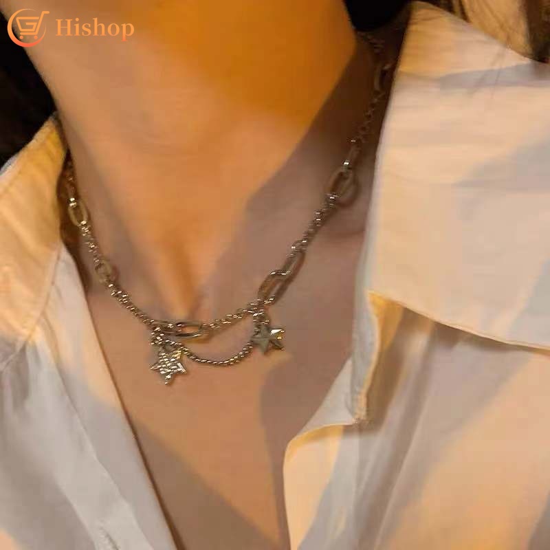 Kalung Rantai Choker Liontin Bintang Aksen Kristal Warna Silver Untuk Wanita