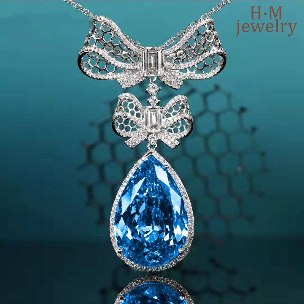 Set Kalung Anting Stud Cincin Desain Pita Aksen Berlian Topaz Biru