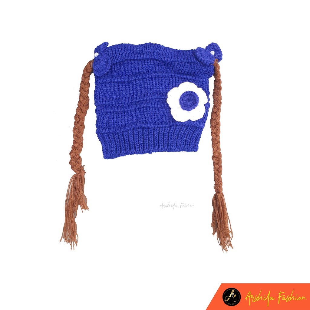 Topi Kupluk Rambut Kepang Motif Bunga / Baby Hat Wig / Topi Bayi Rambut-Biru Benhur