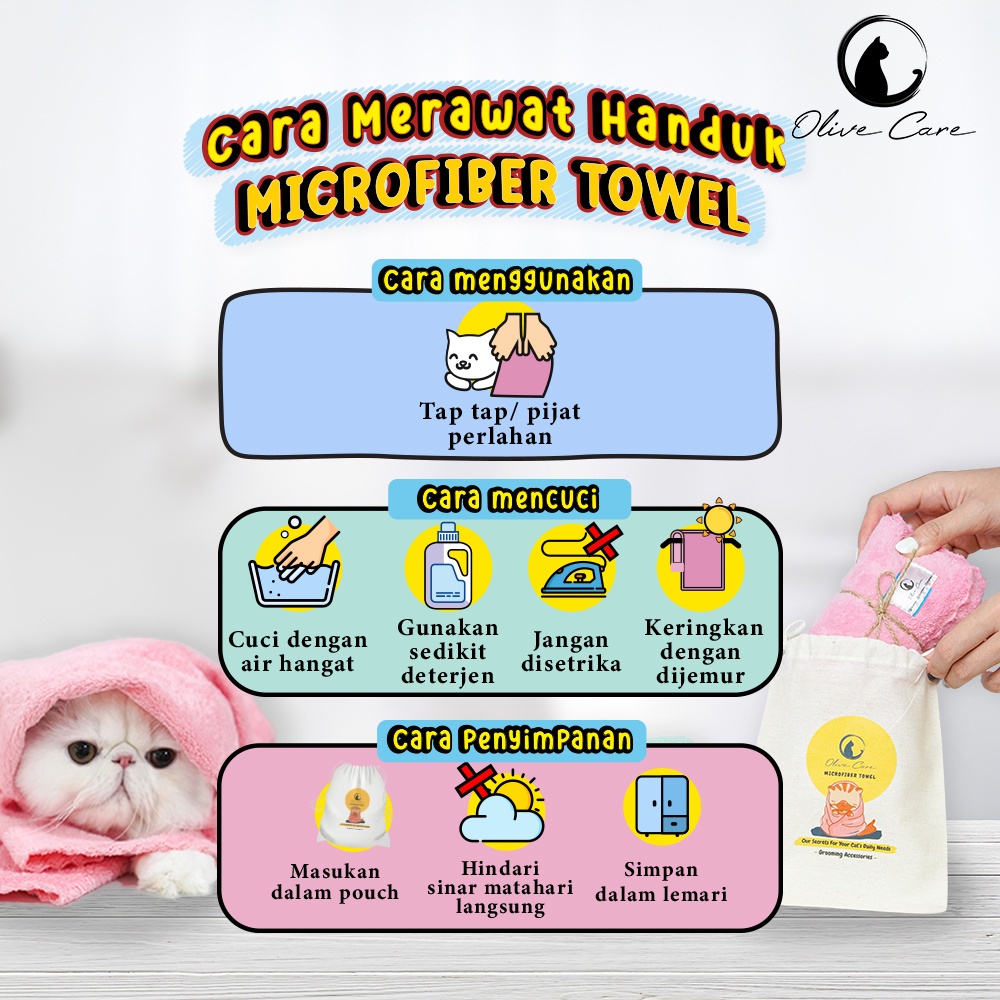 Olive Care Handuk Microfiber Kucing Anjing Grooming Bulu Cepat Kering