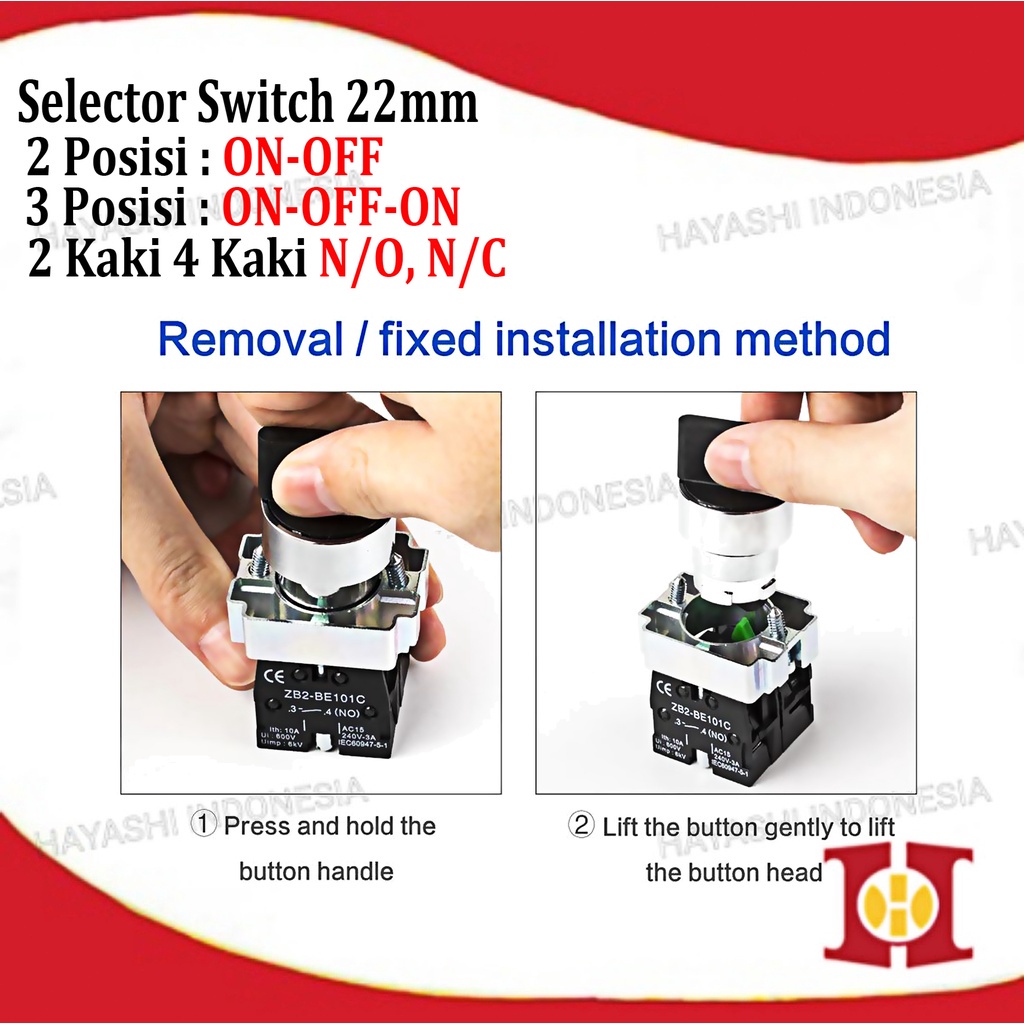 Selector Switch 22mm 2 3 posisi 1 2 NO NC 2 4 Kaki On Off On