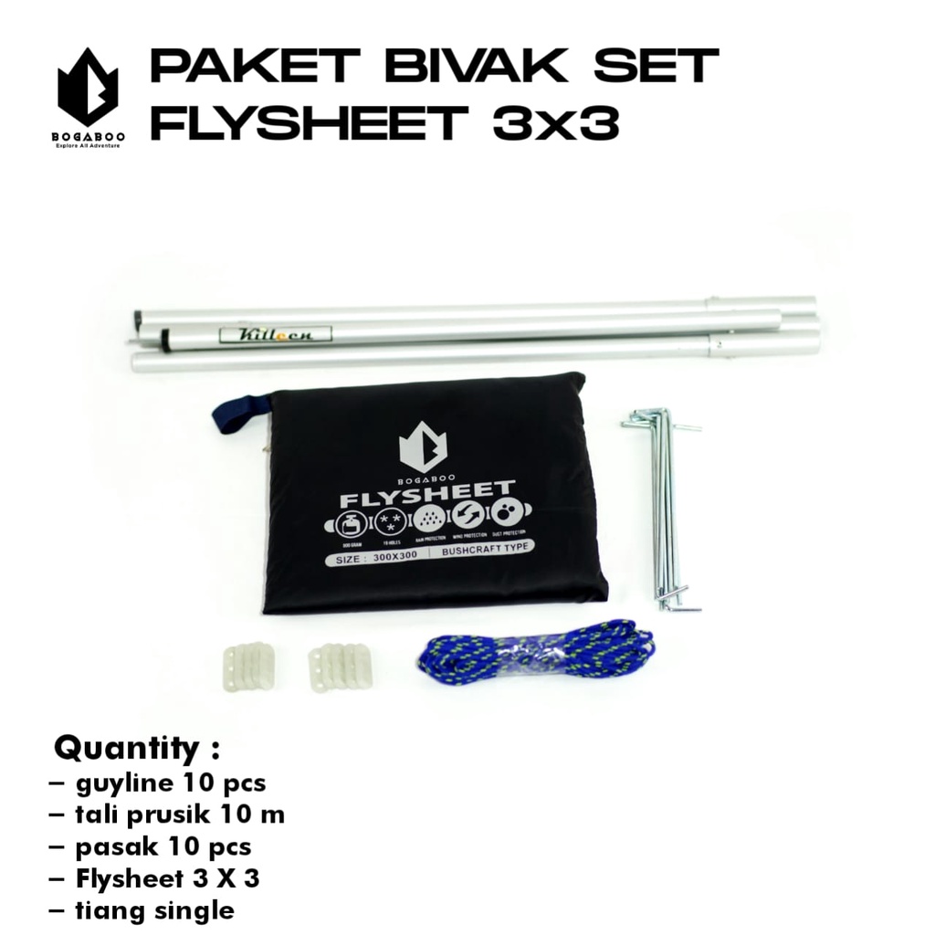 Bisa (COD) Paket Tiang Single Killeen +Flysheet 3X3 +Stopper Guyline Tebal 10 Pcs + Tali prusik 10 M +Pasak 10 pcs