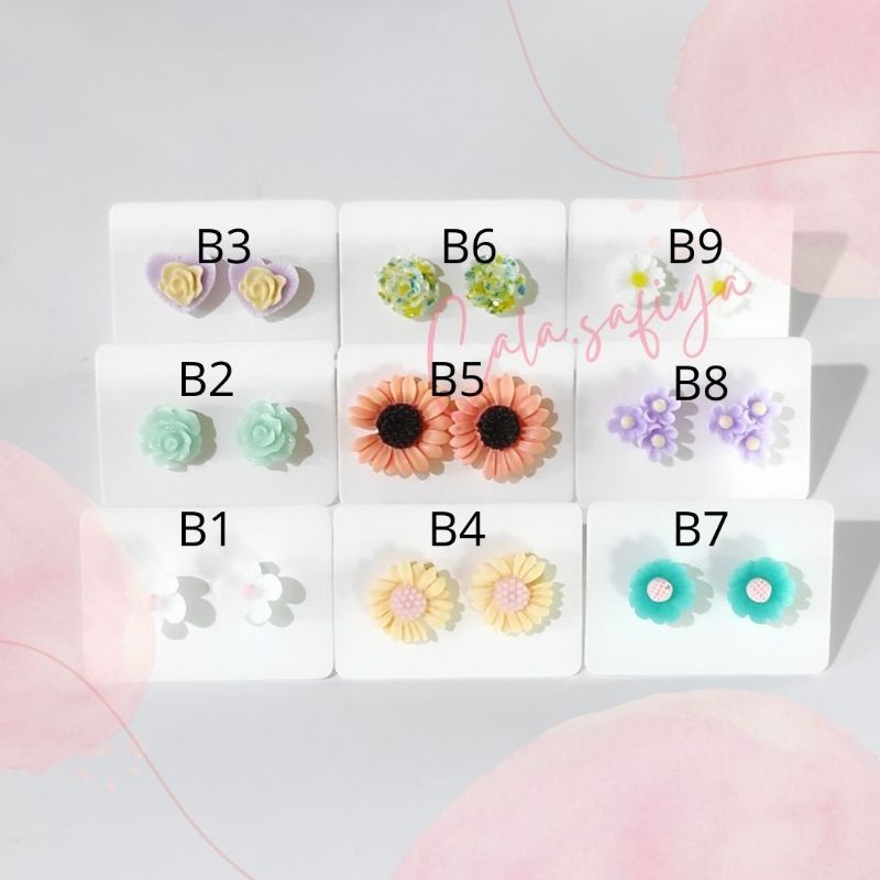 ANTING WANITA BUNGA PLASTIK TINY FLOWER STUD EARING MFS PLASTIC ANTING TINDIK KECIL ANTIKARAT-Stud Bunga Plastik B