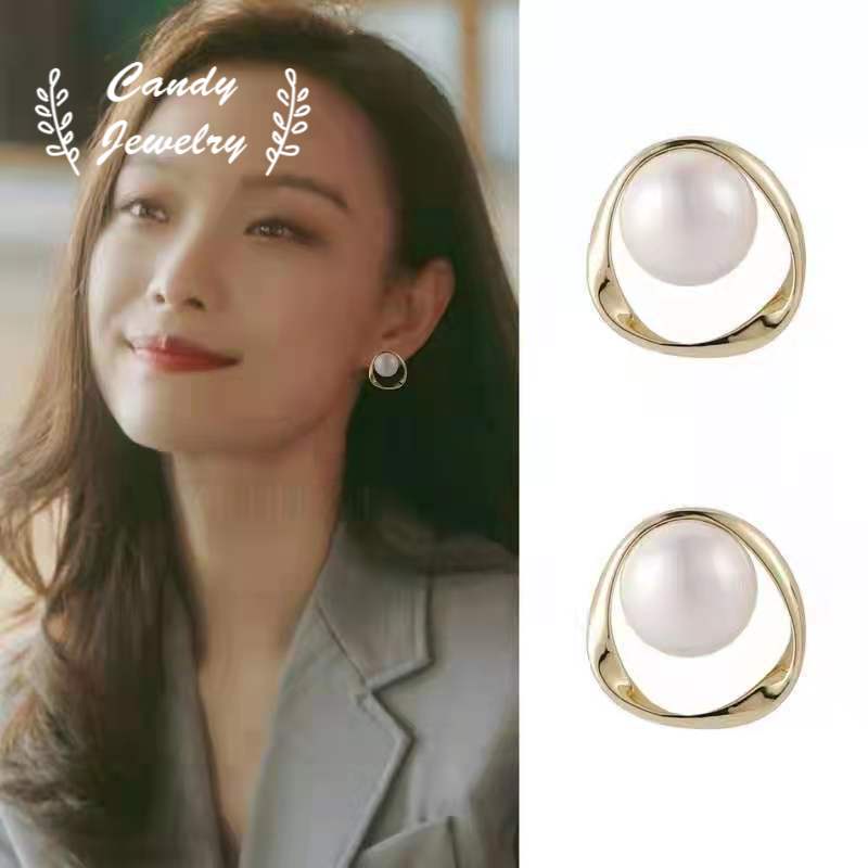 Anting Tusuk Sterling Silver 925 Desain Geometri Asimetris Hollow Hias Mutiara Ala Korea Untuk Wanita