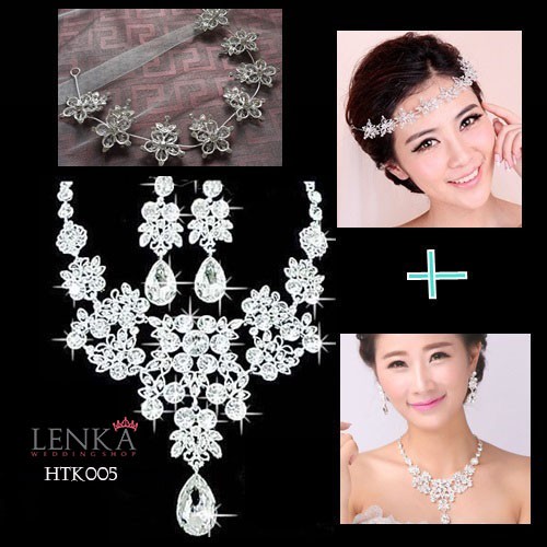 Paket Tiara Kalung Anting Pesta Crystal Aksesoris Wedding Modern Lenka - HTK005