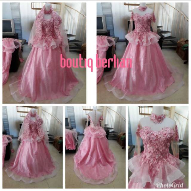 Gaun pengantin pink+ hijab/gaun pengantin organza dot/gown/baju pengantin warna