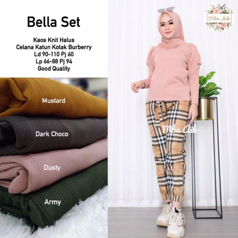 Bella Set , Kaos Knit Halus , Celana katun Kotak Burberry