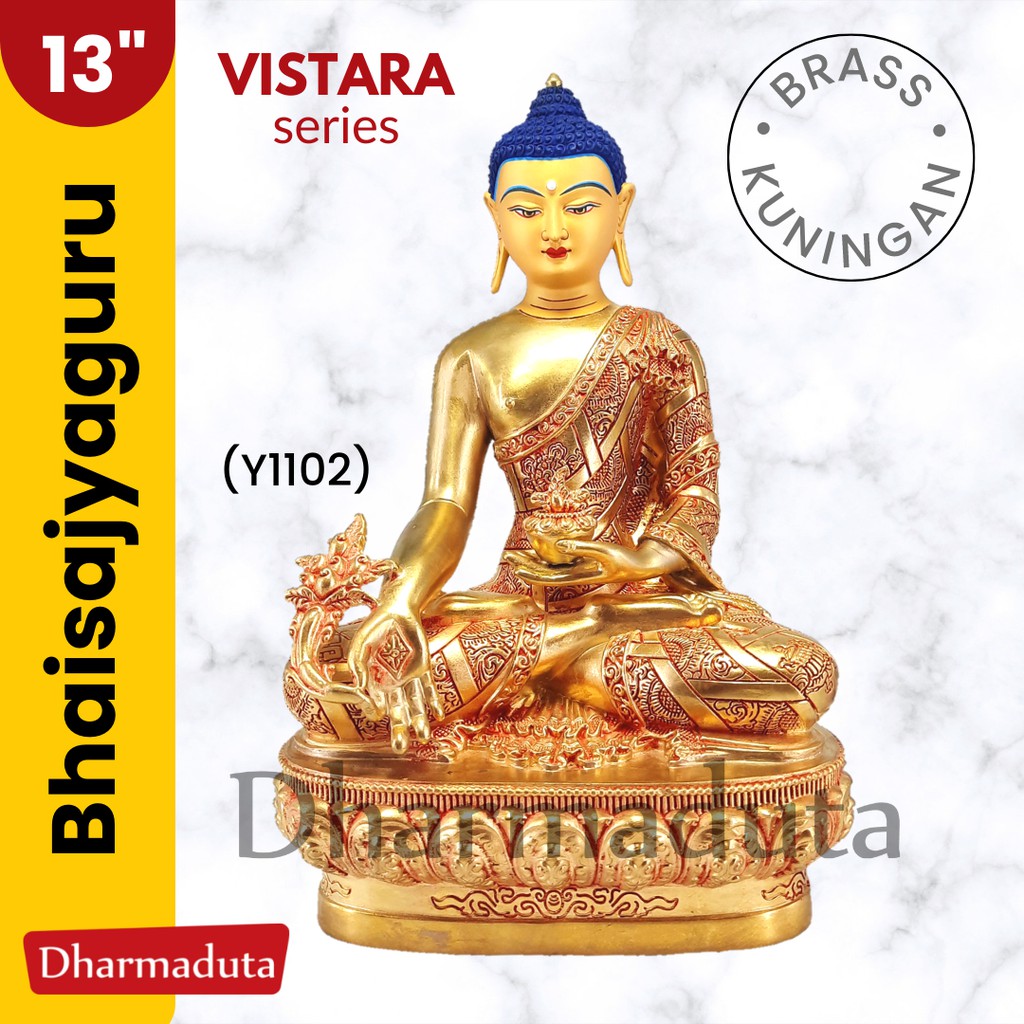 Vistara Bhaisajyaguru 13in Kuningan Emas Brass Gold Tantrayana Yao Shi Fo Medicine Buddha Patung Rup