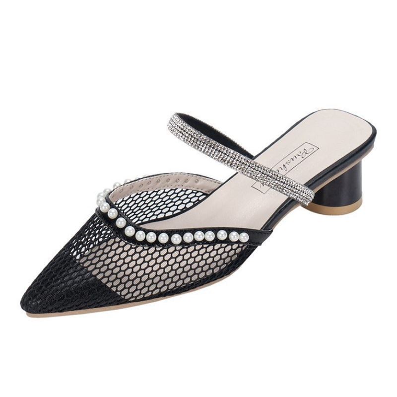 BJS012 - BEIGE/BLACK PU/NET - Sepatu Heels Pesta Wanita Elegan Impoirt 5CM SEPATU PESTA WANITA HIGH HEELS SEPATU HAK JARING MUTIARA PEARL ADA TALI FASHION IMPORT TERMURAH TERLARIS TERBARU BAGSTORE JAKARTA JSH012