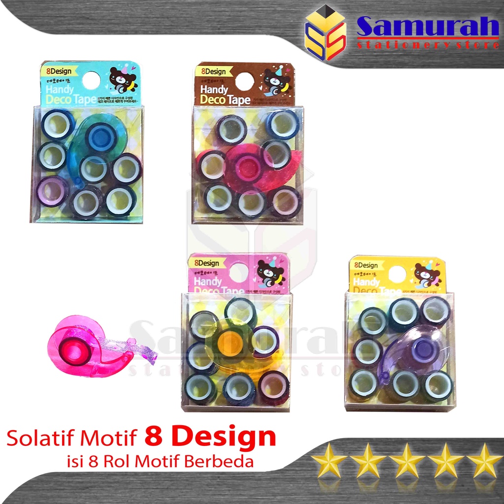 

Solasi Plastik Kecil 12 mm Warna Motif 1/2" Per Set isi 8 rol / Perekat Solatip Kado Fancy Lebar 1,2 cm / Isolasi Lingkar ( Core ) Kecil