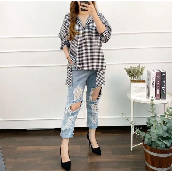 Pepi Hem Top Bahan Katun LD 100CM-110CM Atasan Kemeja Kotak Kekinian 2022 Viral Ootd Hijab Selebgram