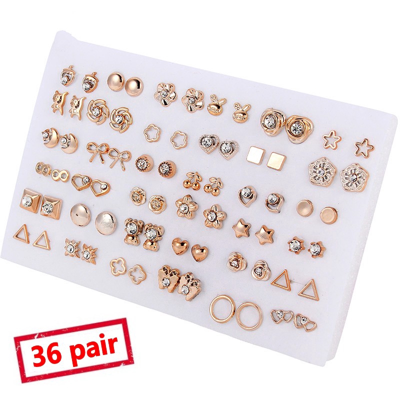 36Pairs Gold Silver Flower Stud Earring,Crystal Bear Heart Earrings, Mixed Styles Stud Earrings