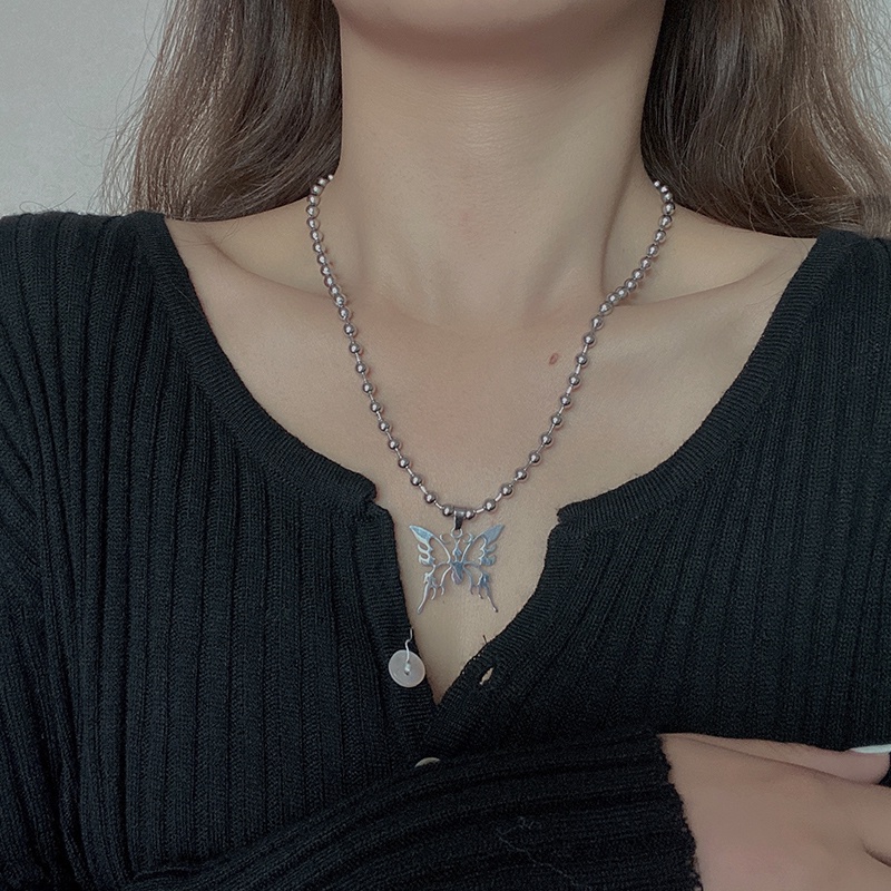 Kalung Desain Kupu-Kupu Hollow Bahan Stainless Steel Gaya Hip Hop Punk