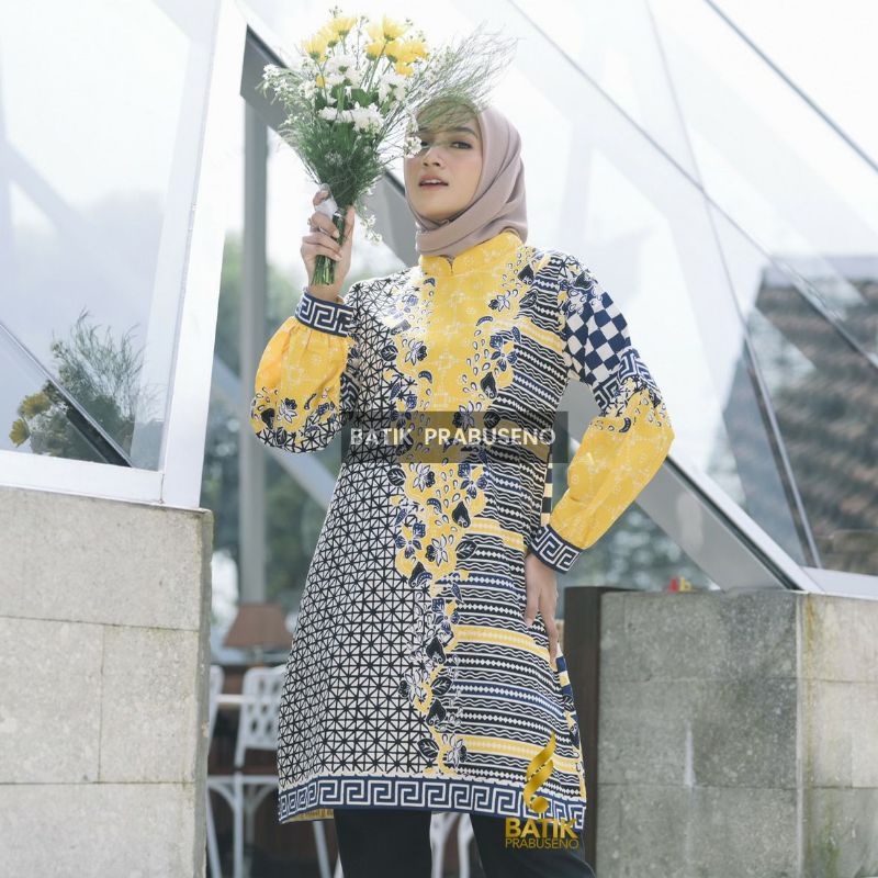 Tunik Anjar Kuning Batik Wanita Prabuseno Original Lengan Panjang
