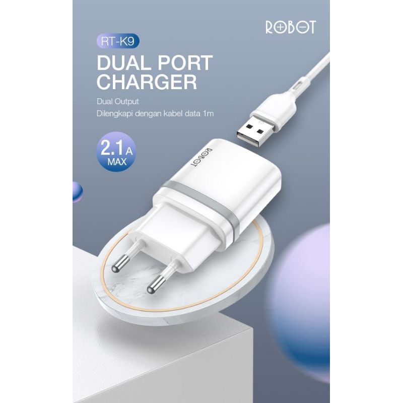 Charger Robot Dual Port Kabel Micro usb Quick Charge 2.1A Original Robot [RK9]