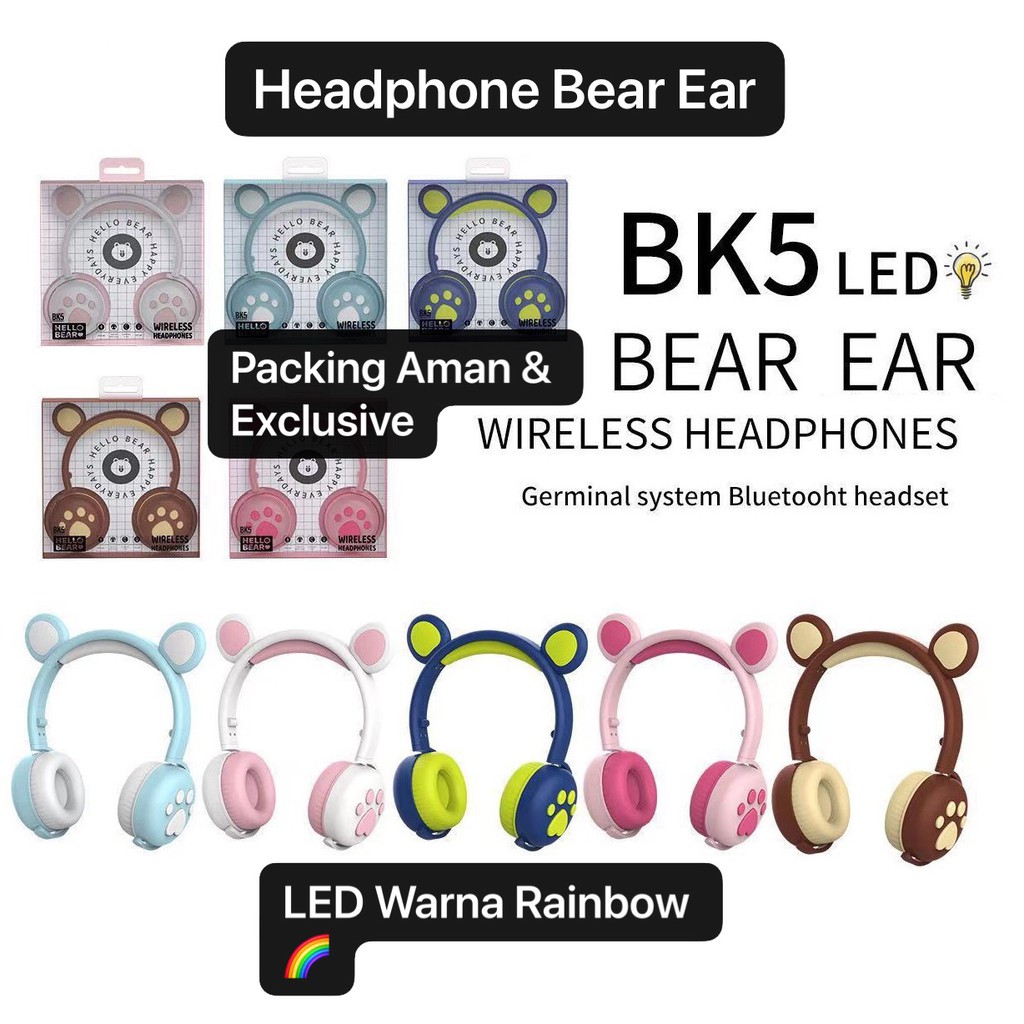 HGM-022 Bear Ear LED Light Headphones / Earphone Bisa Bluetooth / Bisa Kabel Aux Model Telinga