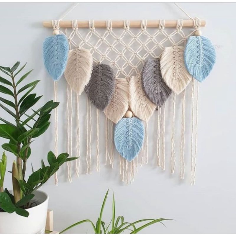 READY STOK) macrame hiasan dinding daun baby blue / macrame wall hanging/DEKORASI RUMAH