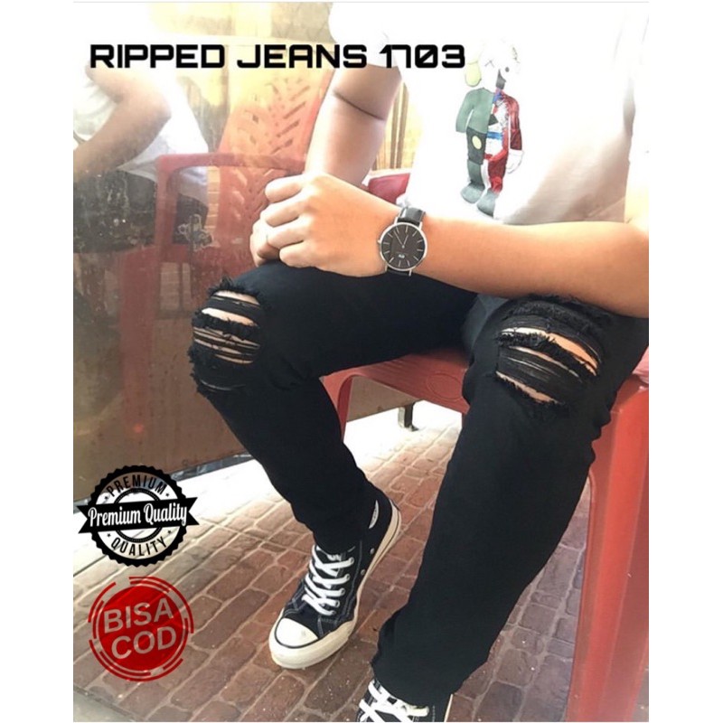 celana jeans pria sobek lutut terbaru ripped slim original distro termurah korean style kekinian COD