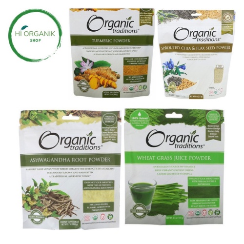 

Organic Traditions Turmeric ; Sprouted Chia & Flax ; Wheat Grass Juice ; Ashwagandha Root Powder