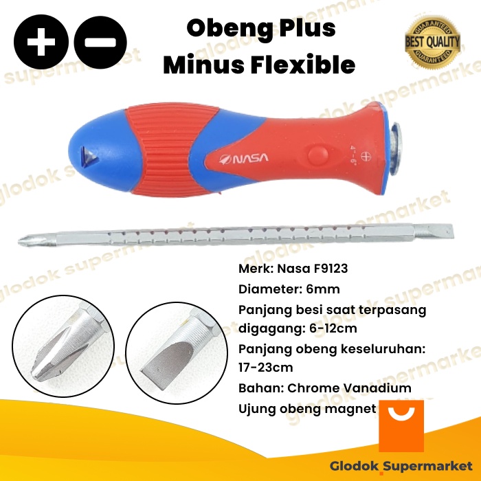 Obeng Bolak Balik Flexible Nasa Panjang 4 inch Diameter 6mm Plus Minus Magnet 2 Way F9123