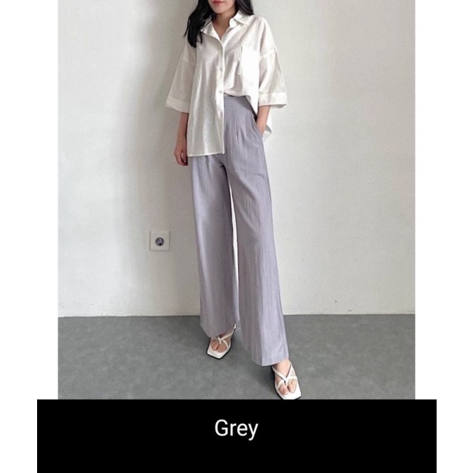 Melyssa Kulot - Celana Kulot - Vintage - Linen Crinkle Highwaist- Cullote Pants | Wide Leg Cullotes | Celana Kulot Wanita-Grey