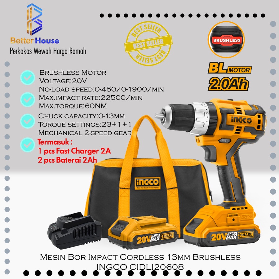 Mesin Bor Impact Cordless 13mm 20V BrushlessBor Beton INGCO CIDLI20608