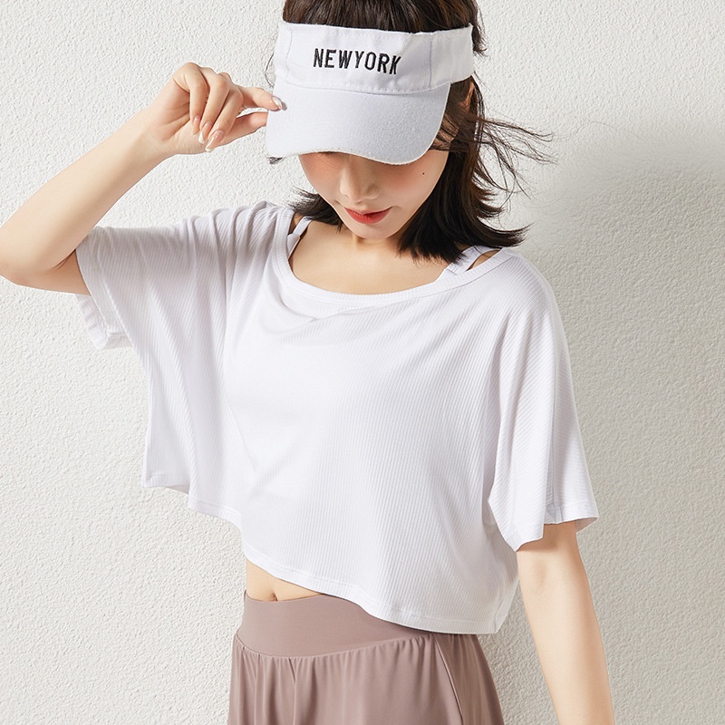 [Spot] Kaos Olahraga Pendek Wanita Crop Tee Gym Dance Cropped Pusar Nyaman Sweatshirt Lengan Pendek Longgar Pakaian Yoga-6