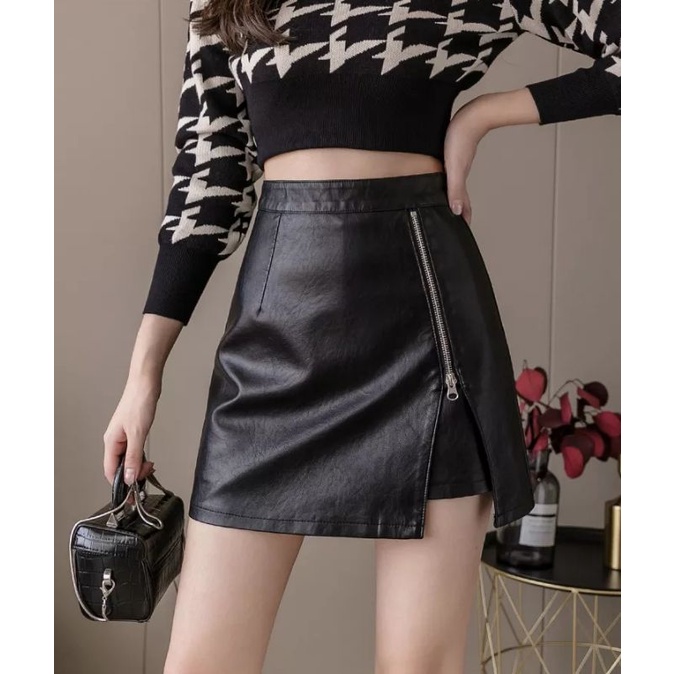 Rok Wanita Kasual Warna Solid Hitam Elegan High Waist