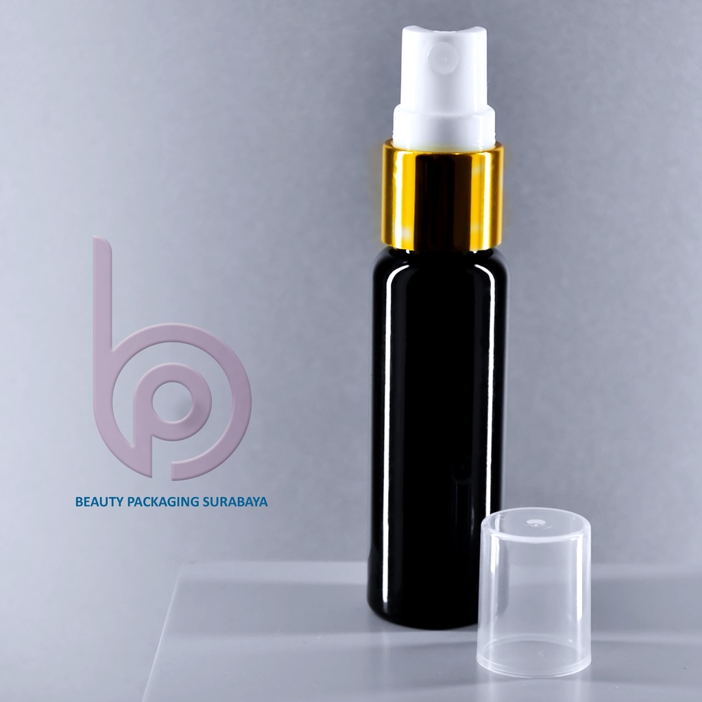 Botol Plastik PET 27ml BR Hitam Tutup Spray Gold