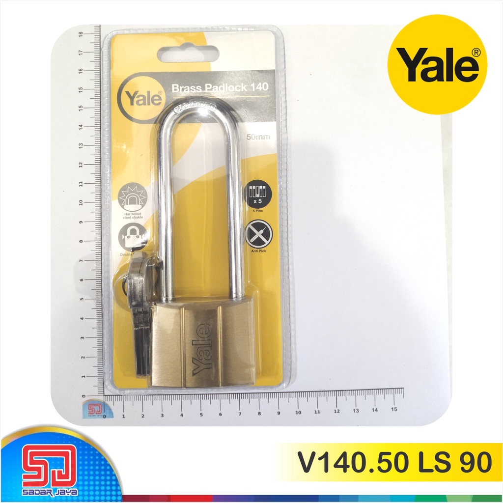 Yale V140.50 LS 90 Gembok Pintu Pagar Kuningan 50mm Leher Panjang 91mm Padlock Brass Hardened Steel