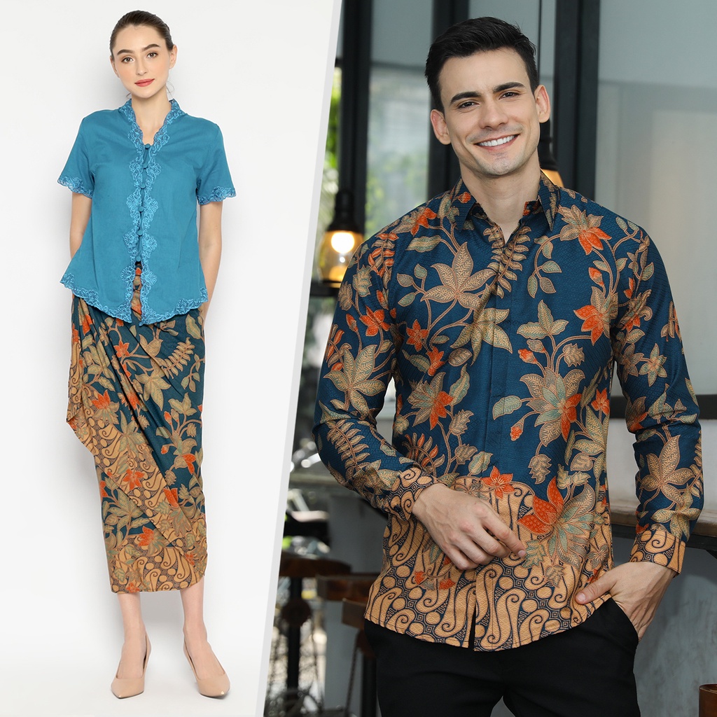 BATIK COUPLE MODERN Kemeja Rok Lilit Instan Batik Pria Lengan Panjang Premium Motif Kembang Biru 721072 CAP 72