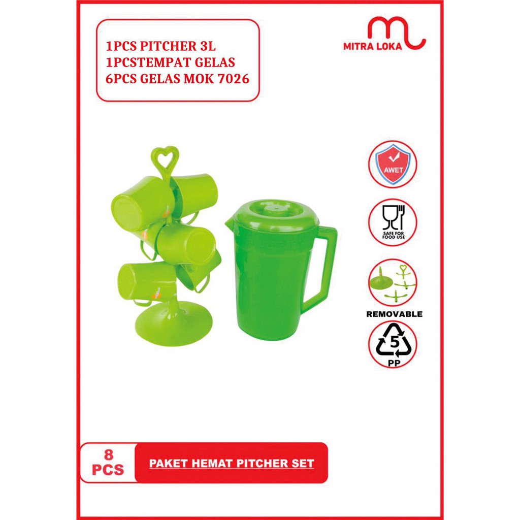 Mitra Loka Pitcher 3 Liter Set 6 Pcs Mug Plastik Dengan Tempat Gelas Golden Sunkist / Glass Stand
