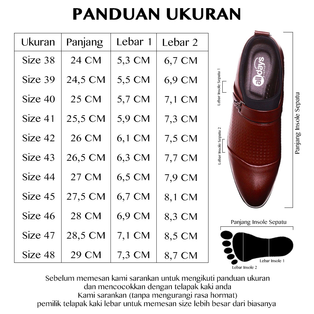 Alldays ~  Sepatu Pantofel Slip On Kulit Formal Pria 7-010 Size 38-48