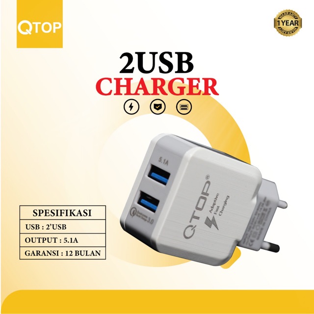 QTOP Charger Original 2Usb Fast Charger SERIES TRANSFORMER [GARANSI]