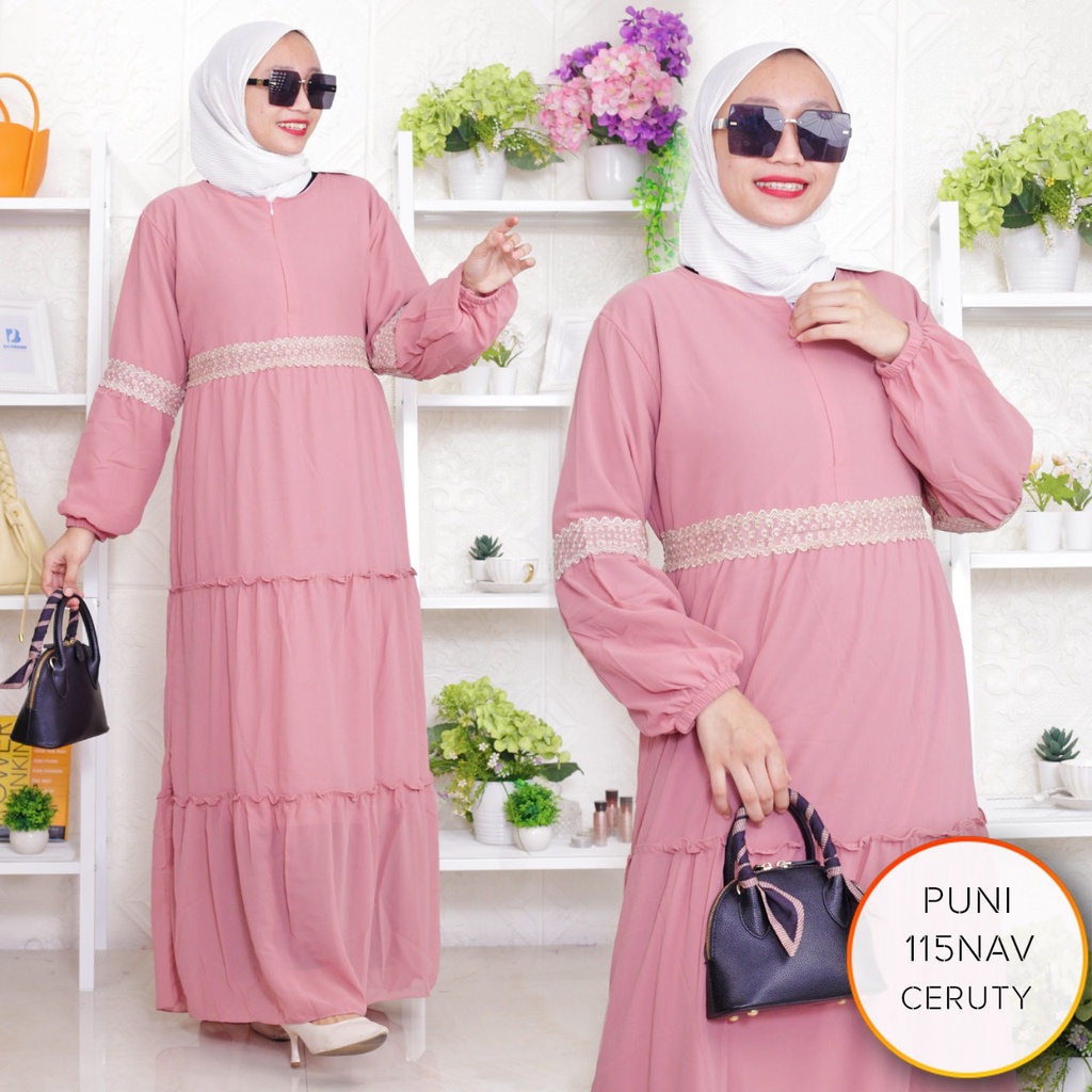 Gamis Wanita Ceruty Furing Busui Sleting Variasi Renda Tangan Balon Puni