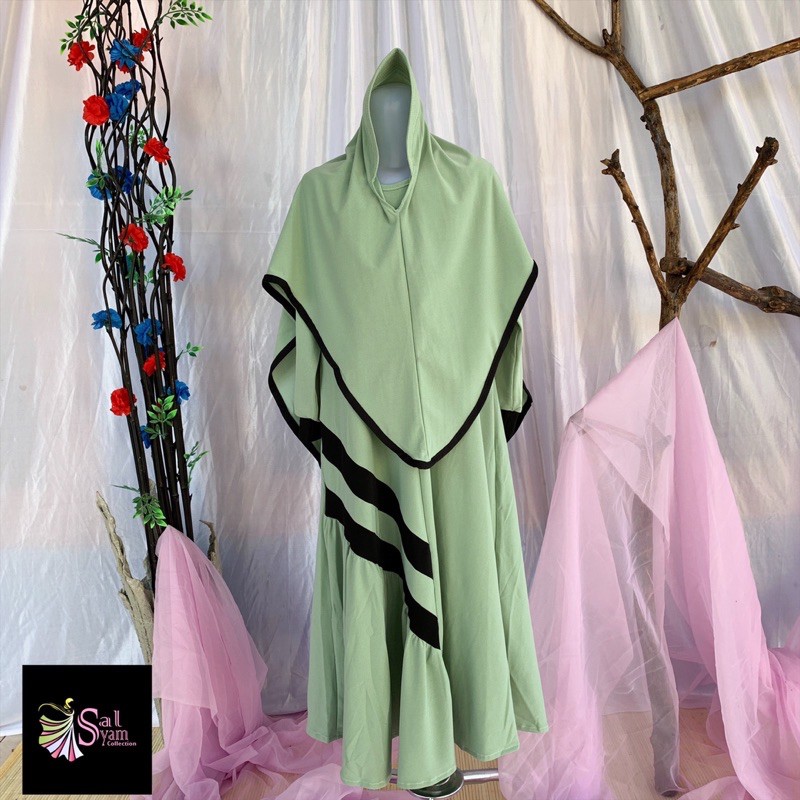 Gamis anak jersey set setelan khimar hijab bergo murah syari warna mint usia 6 sampai 7 tahun