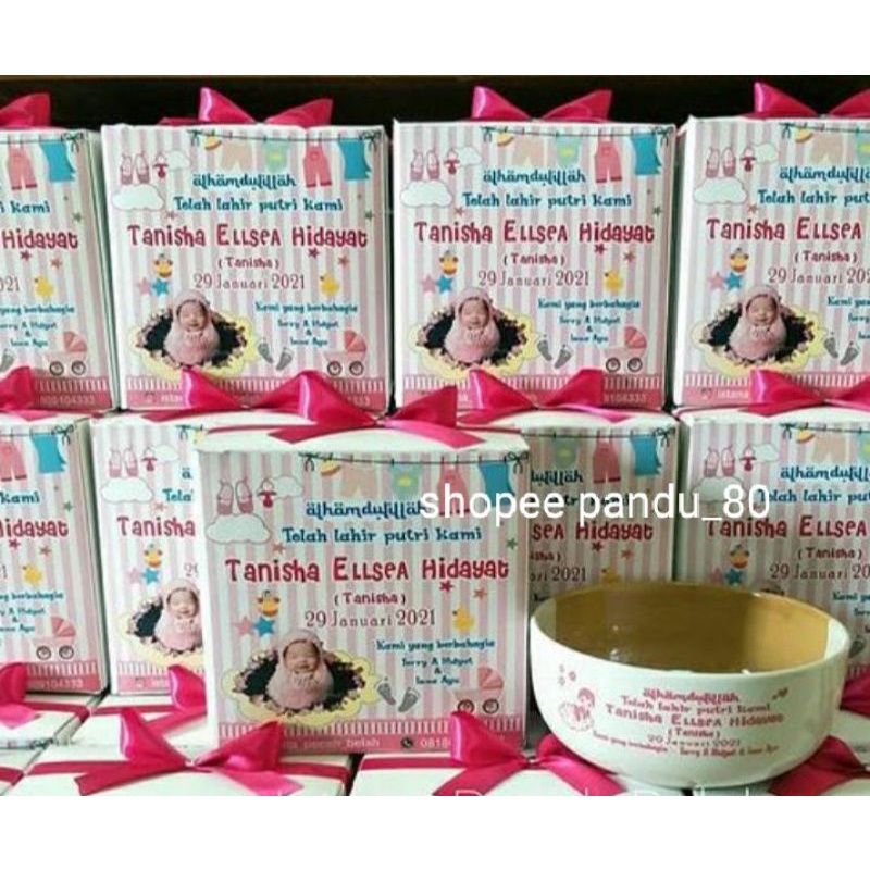 souvenir mangkok keramik,souvenir aqiqah ,souvenir khitanan plus cetak sablon dan kemas box custom