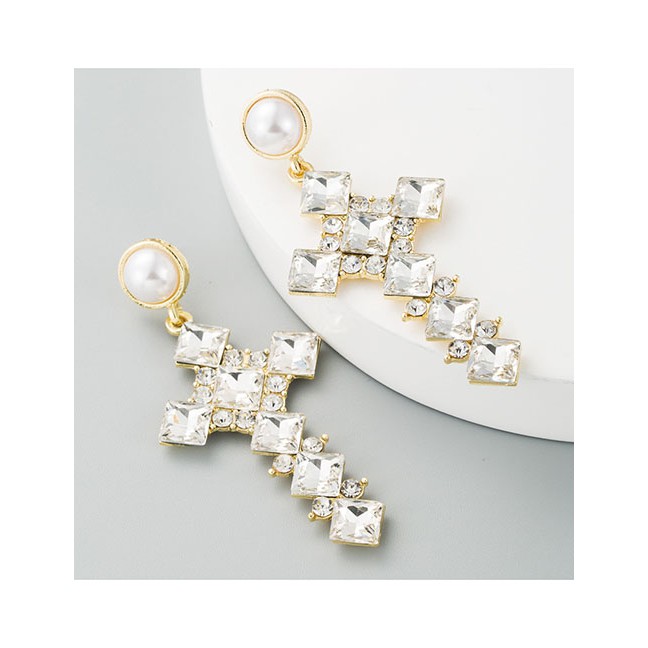 LRC Anting Tusuk Fashion Pearl Alloy Cross Earrings With Diamonds D95334