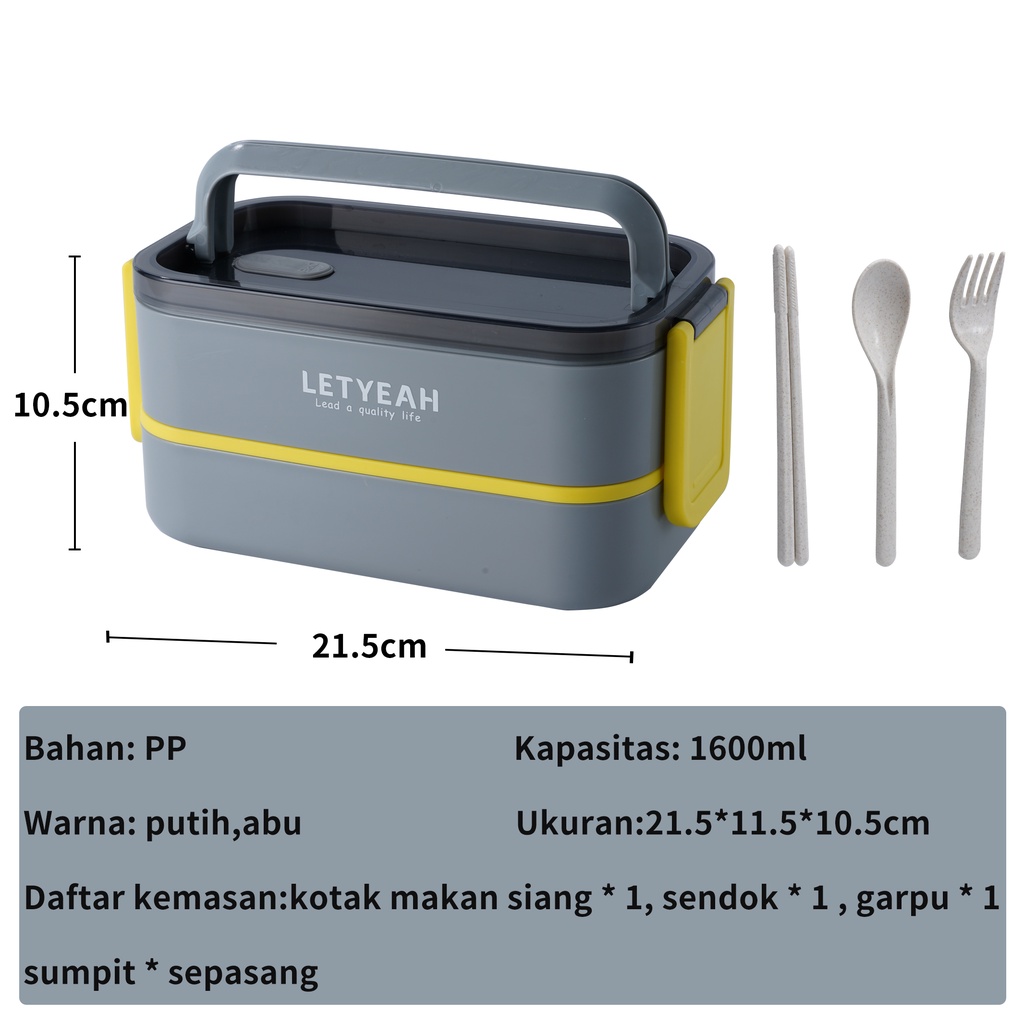 Letyeah &amp; Anantagt Kotak makan 2 susun plastik 1600ML Anti Bocor Sendok Dan Sumpit/Tempat Makan Microwaveable