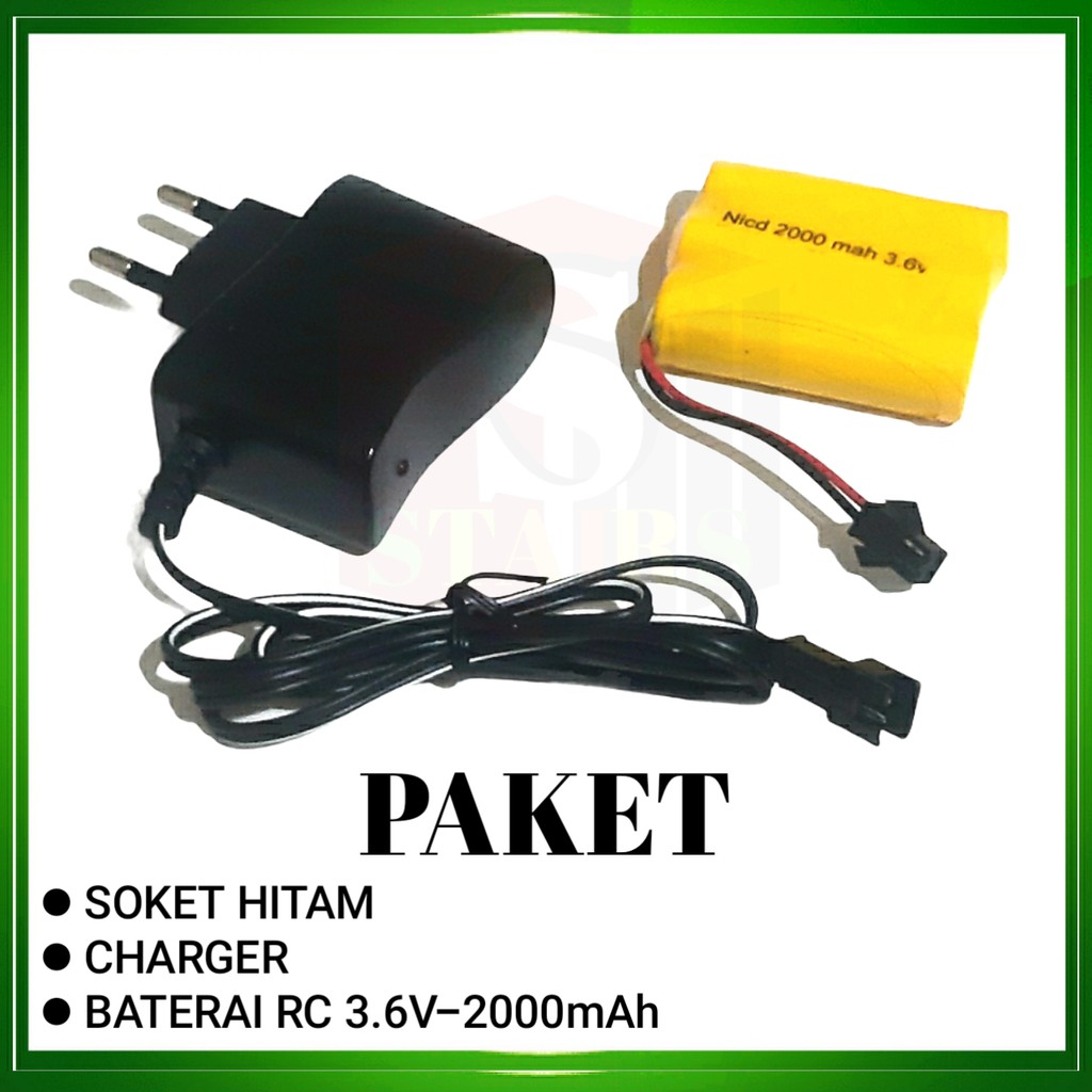 Baterai Mobil Remot RC + Charger Baterai 3x AA Ni-Cd 3.6v - 2000mAh Socket Hitam