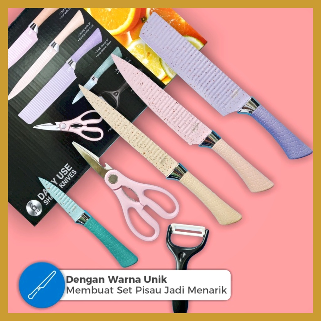 Pisau Set Isi 6 Pcs Multicolor Pisau Dapur Gagang Anti Slip Pisau Anti Karat Set Pisau Talenan 5 in 1 GOSHOP88