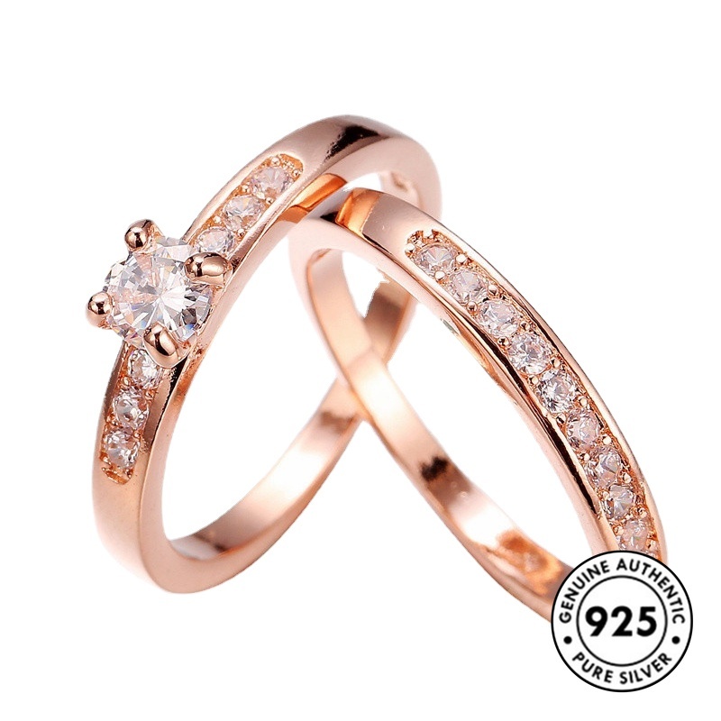 Set Cincin Berlian Klasik Bahan S925 Silver Warna Rose Gold