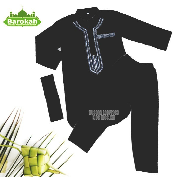 Setelan Koko Pakistan Anak Kurta Bordir Hitam