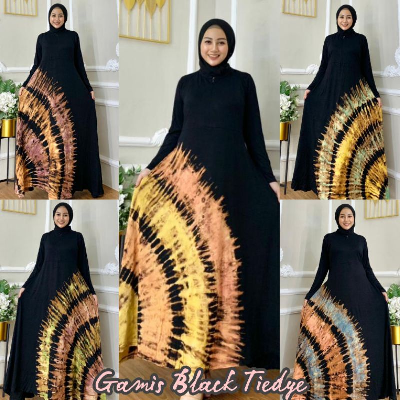 Gamis Black Tiedye Jumbo Abstrak Resleting Depan Busui Bumil Homedress Wanita Kekinian Katun Spandek Adem Terlaris