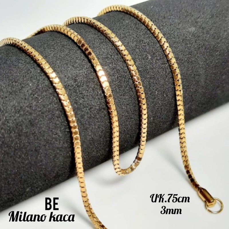 Kalung Titanium Milano kaca Gold 3 ukuran 45cm,60cm,75cm perhiasan wanita pria tidak karat *COD*