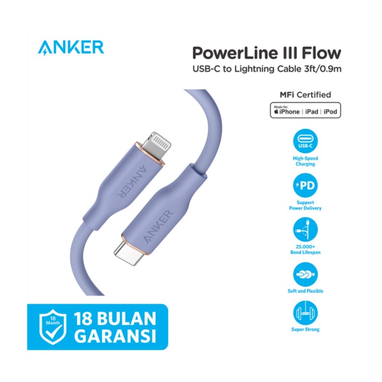 Anker Kabel Charger Powerline III Flow Type C to Lightning 3ft - A8662