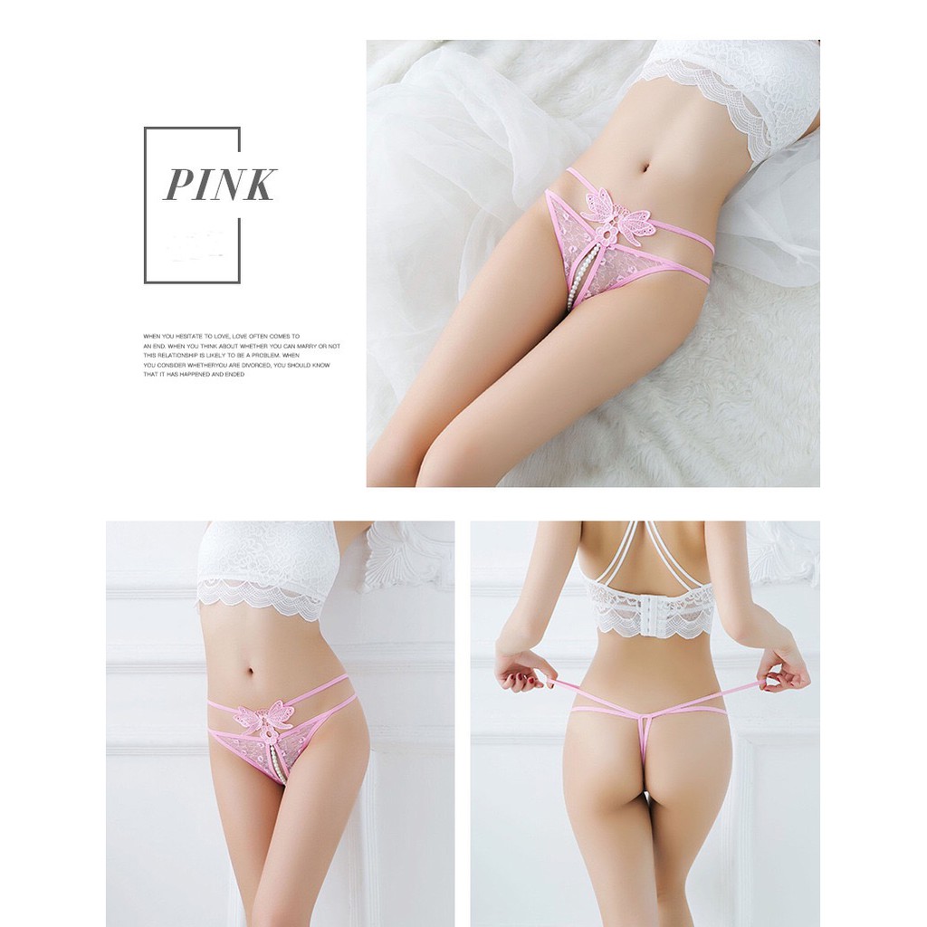 G String Low Waist Celana Dalam mutiara open Thong Bordir Kupu-Kupu C092